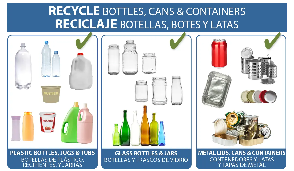 Paper Items accepted in the MVRS container recycle cart: glass, metal and plastic jugs, tubs and bottles